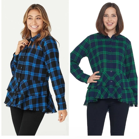 Joan Rivers NWOT Plaid Peplum with Fringe Hem long Sleeves buttoned Blouse. - Picture 10 of 10